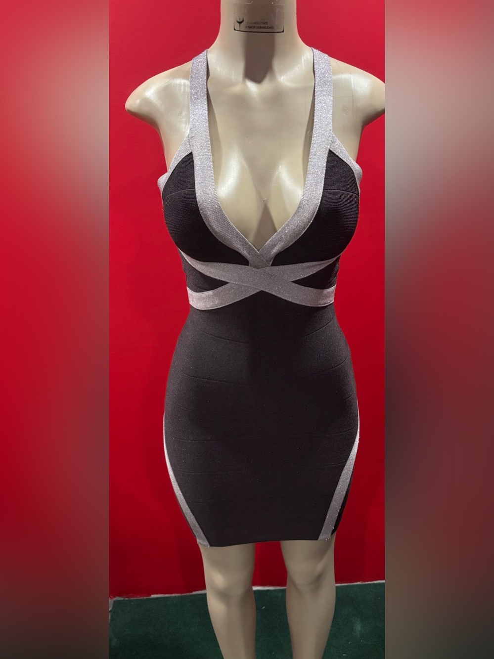 bebe Silver and Black Metallic Strap Detail Dress